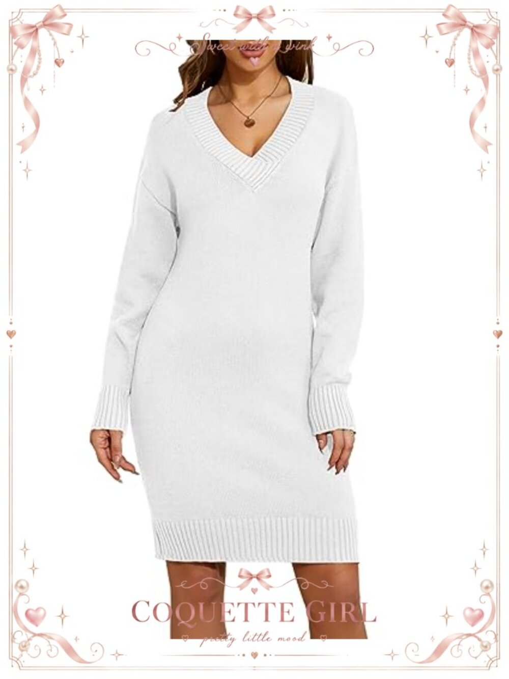 Women's V-Neck Knit Sweater Dress Long Sleeve Mini Pullover Winter